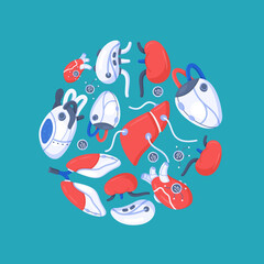Vector illustration of artificial organs concept. A circle of human bionic organs isolated on a blue background. Organ transplantation. 
