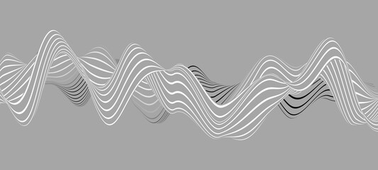 Abstract white and black stripes and waveform sound waves on gray background, rendering with copy space for text