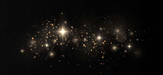 Fototapeta na wymiar Golden confetti and glitter texture on black background. Sparkling space magical dust particles. Christmas concept.