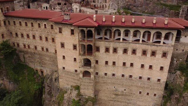 Aerial view of mountain Sumela Monastery in Trabzon Province of Turkey, 4k