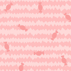 Vector illustration. Pink background, zigzag lines of light pink shades and candies. Background for the website, for packaging, children's notebook
