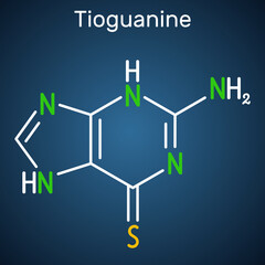Tioguanine, thioguanine or 6-thioguanine molecule. It is purine analogue, used in the therapy of myelogenous leukemias. Structural chemical formula on the dark blue background.