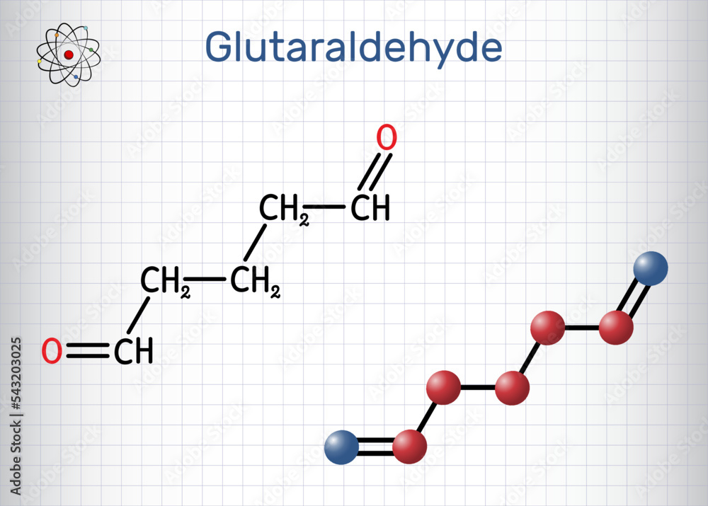 Sticker Glutaraldehyde, glutaral molecule. It is is used for industrial, laboratory, agricultural, disinfection of medical devices. Structural chemical formula, molecule model. Sheet of paper in a cage