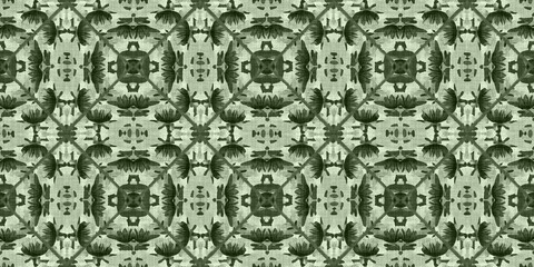 Wildflower green rustic damask seamless border. Geometric antique floral for vintage decorative edging. Vintage fashion repeat ribbon.