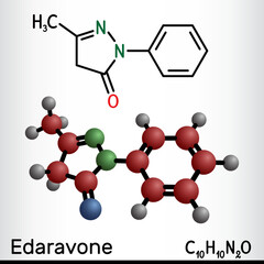 Edaravone molecule. It is used for treatment of amyotrophic lateral sclerosis ALS. Structural chemical formula, molecule model.
