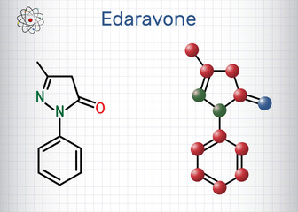 Edaravone molecule. It is used for treatment of amyotrophic lateral sclerosis ALS. Structural chemical formula, molecule model. Sheet of paper in a cage