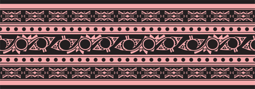 Vector pink and black seamless Indian patterns. National seamless ornaments, borders, frames. colored decorations of the peoples of South America, Maya, Inca, Aztecs. Print for fabric, paper, textile