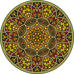 Vector round oriental national ornament, color arabesque. Beautiful circle symbols of muslim arab mosque.