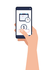 Easy credit payment with calendar on phone screen in hand. Auto pay online with mobile phone - digital device. Scheduled payment communication service concept. Flat design vector illustration.