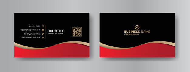 Luxurious and elegant dark black business card design with red and golden gradient premium print template