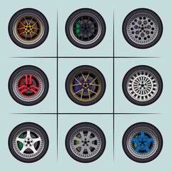 Pack of 9 car wheels. Rims, tyres and brakes. Sport, retro tuning and jdm styles.