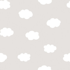 Vector seamless pattern with clouds on gray background. Cute backdrop for fabric or textile, linen, invitation baby shower, print for clothes and pajamas, gift and wrapping paper, wallpapers and decor