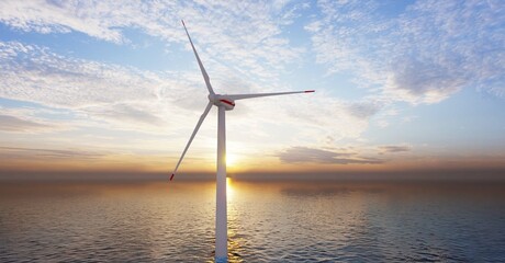 Close-up offshore Wind Turbines Farm at sunset. 3d rendering.
