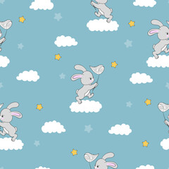 Cute rabbits and clouds seamless childish pattern. Vector illustration with baby bunnies.