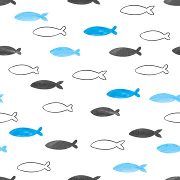 Seamless hand drawn fish pattern. Vector marine illustration