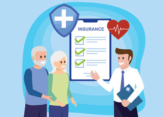 Insurance agent explain package senior couple to protect from life health accident. Health and life insurance policy, healthcare concept