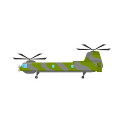 Military transport helicopter cartoon illustration. Colorful green and gray camouflage vehicle on white background. Aviation, air transportation, flight concept