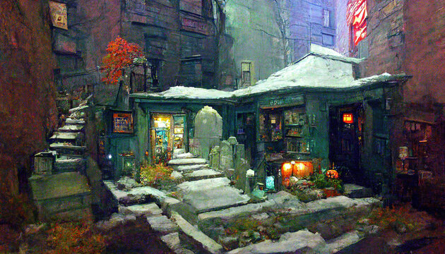 AI generated image of a small shop in a rundown alley in New York during winter