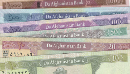 Fototapeta na wymiar Paper money from Afghanistan. Afghan afghani. Close up banknotes from Afghanistan. Afghan currency 3D render