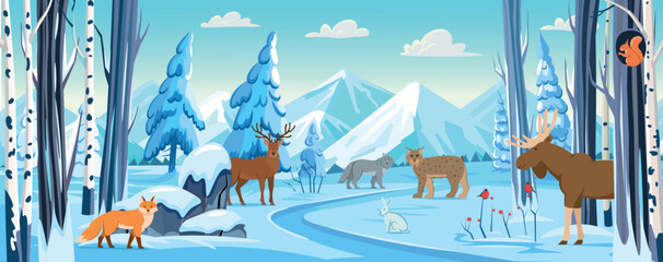Animals in the forest in winter.Winter forest background with animals, trees, snowy fir trees, mountains, stones, driftwood and fields in the snow. Panorama of winter landscape. Vector banner. © NADEZHDA