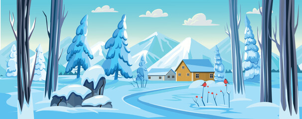 Winter forest background with trees, snowy fir trees, mountains, stones, driftwood and fields in the snow. Panorama of winter landscape. Vector banner.