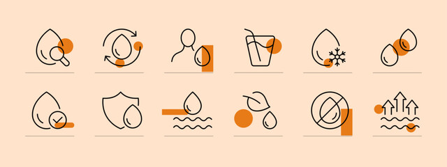 Water set icon. Liquid, drop in hand, evaporation, moisturizing, water-based cosmetics, man, tick, wave, ice, cold, thirst, cocktail, mineral water, hydration. Save the water. Pastel color background
