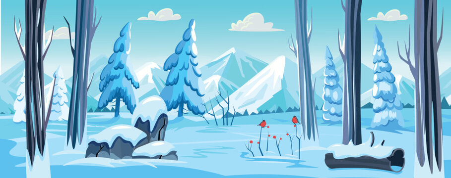 Winter forest background with trees, snowy fir trees, mountains, stones, driftwood and fields in the snow. Panorama of winter landscape. Vector banner.