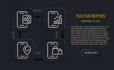 Obraz premium Phone button set icon. Share, sent, data analysis, statistic, infographic, pointer, lication, navigator, gps, online store, shoppnig symbol, order. Smartphone concept. Neomorphism. Vector line icon