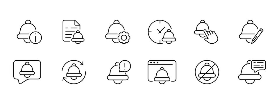 Bell set icon. Alarm clock, reminder, file, event scheduling, setting, notification, allert, restart, ringtone, silent mode, important notice, time management. Punctuality. Vector black set line icon