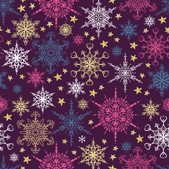 Naklejka na ściany i meble Beautiful hand drawn snowflakes seamless pattern, fragile winter background, great for textiles, banners, wallpaper, wrapping - vector design