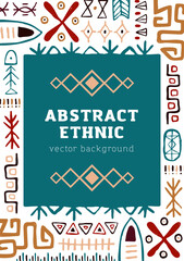 Card design with ethnic ornament frame, African tribal pattern. Modern abstract vertical background template with geometric elements, lines, Aztec and Mexican symbols. Flat vector illustration