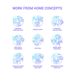 Work from home tips blue gradient concept icons set. Care of yourself. Burnout prevention idea thin line color illustrations. Isolated symbols. Roboto-Medium, Myriad Pro-Bold fonts used