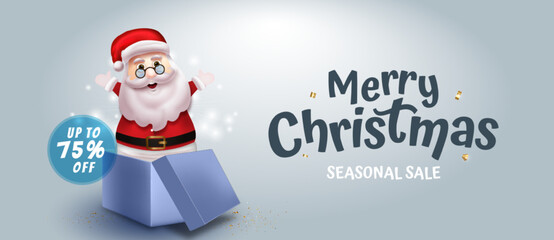 Fototapeta na wymiar Christmas sale horizontal banner with character santa out of the gift box