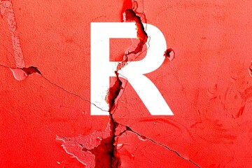 Letter R background with red color painted on broken wall with cracks, abstract US (United States)...