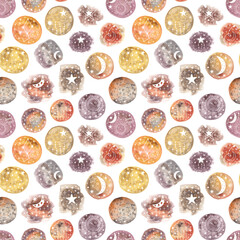 Star watercolor print. Starry illustrations in doodle style, sky seamless pattern, brown watercolor blots. Abstract design © Tata Che