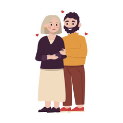 Mother and adult son gently hug and communicate. Vector graphic. 