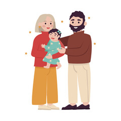 Mother and grandmother holding her son's baby. She is holding her granddaughter. Vector graphic.	
