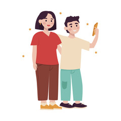 Fototapeta premium Mother and teen son take a selfie on the phone. Vector graphic.