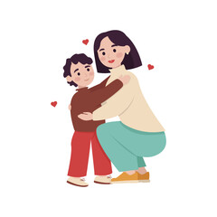 Mother hugging her child schoolboy. Vector graphic.