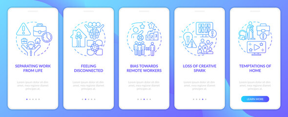 Remote work disadvantages blue gradient onboarding mobile app screen. Walkthrough 5 steps editable graphic instructions with linear concepts. UI, UX, GUI template. Myriad Pro-Bold, Regular fonts used