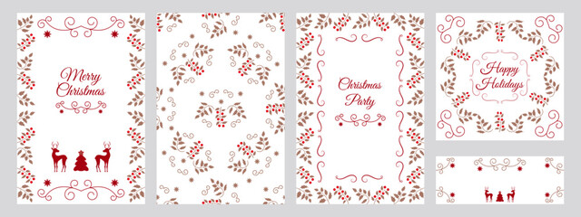 Universal templates for Christmas cards, greetings and corporate invitations with floral ornament frames, deer and holly branches. Vector illustration. Flat design..