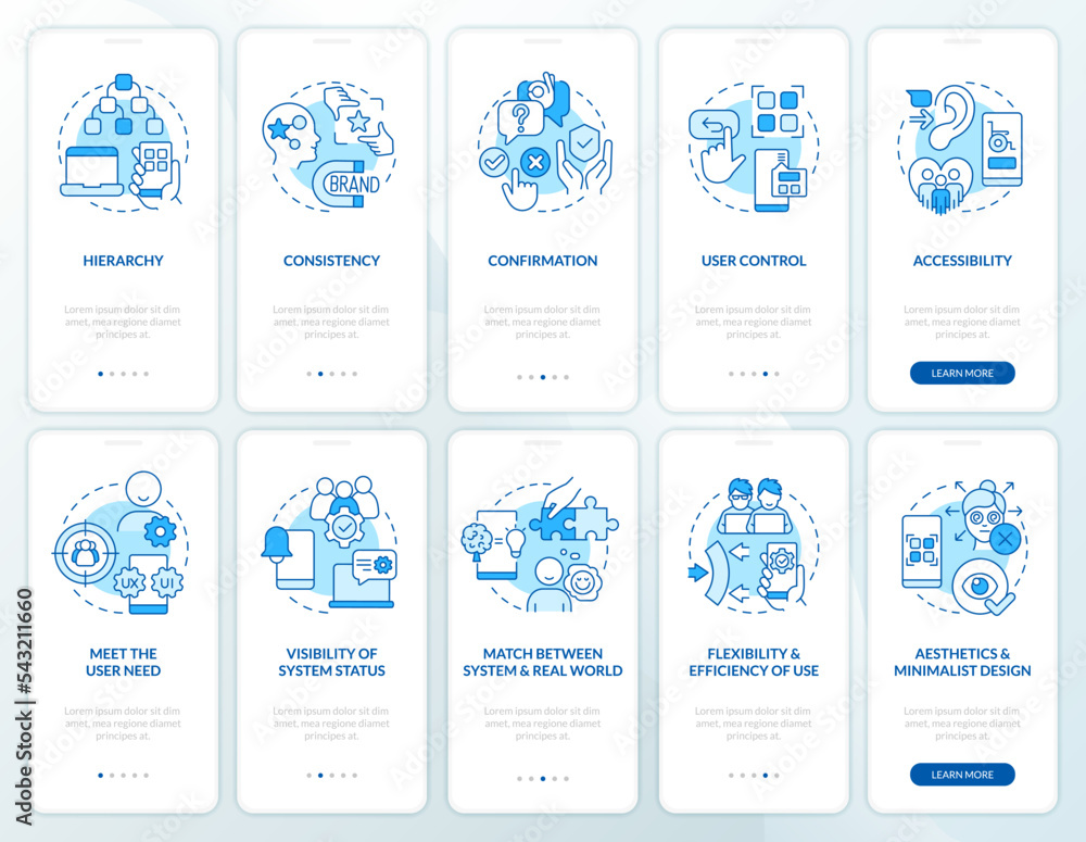 Poster user experience design rules blue onboarding mobile app screen set. walkthrough 5 steps editable gra
