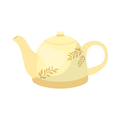 Cute ceramic teapot cartoon illustration. Yellow kettle with floral ornament for boiling water. Household, kitchen utensils, decoration, teatime concept