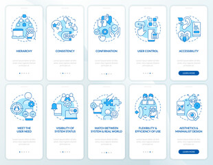 User experience design rules blue onboarding mobile app screen set. Walkthrough 5 steps editable graphic instructions with linear concepts. UI, UX, GUI template. Myriad Pro-Bold, Regular fonts used