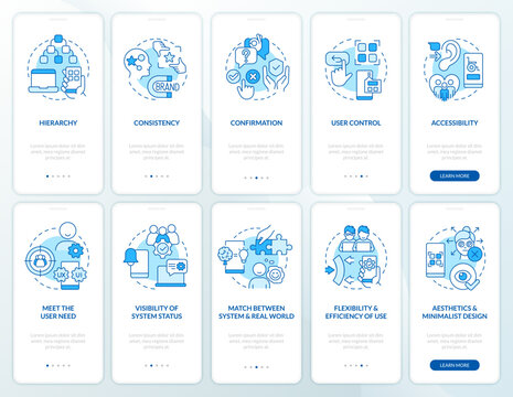 User experience design rules blue onboarding mobile app screen set. Walkthrough 5 steps editable graphic instructions with linear concepts. UI, UX, GUI template. Myriad Pro-Bold, Regular fonts used