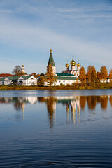 Valday Iversky Monastery reflected in water of the Valdai Lake. Novgorod region, Russia
