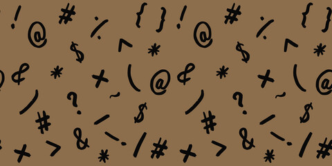 pattern with the image of keyboard symbols. Punctuation marks. Template for applying to the surface. warm brown background. Horizontal image. Banner for insertion into site. - obrazy, fototapety, plakaty