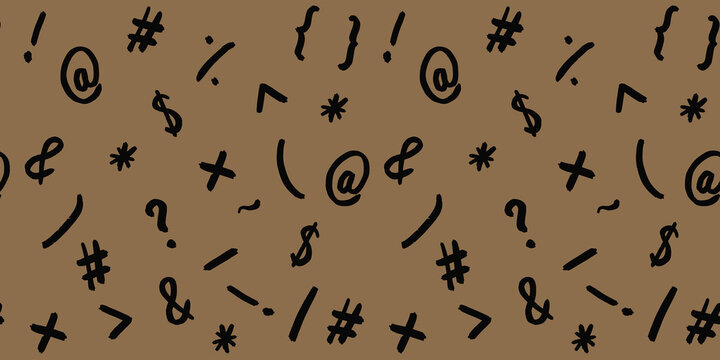 pattern with the image of keyboard symbols. Punctuation marks. Template for applying to the surface. warm brown background. Horizontal image. Banner for insertion into site.