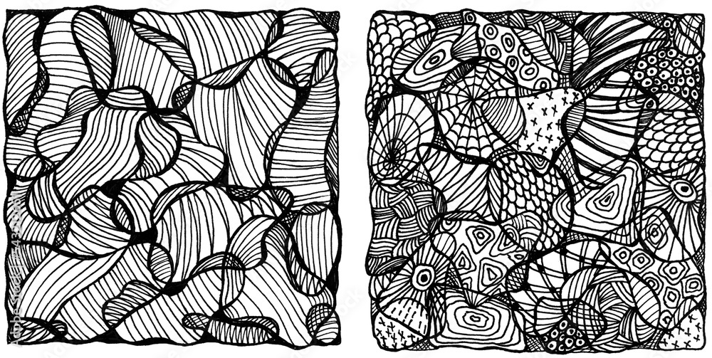 Poster geometric graphic elements are filled with a variety of patterns and intersect on a white background