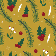 Christmas seamless pattern. Vector illustration with fir branches, red berries, holly, snowflakes. Surface design for textile, fabric, wrapping, paper, packaging	